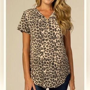 Mocha Animal Print Button Accent Maternity Top